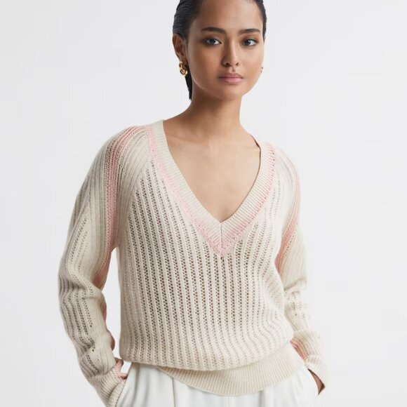 Sm REISS Cream Powder Pink Open-Knit Lightweight Cashmere Blend Sweater Luxury - Picture 1 of 8